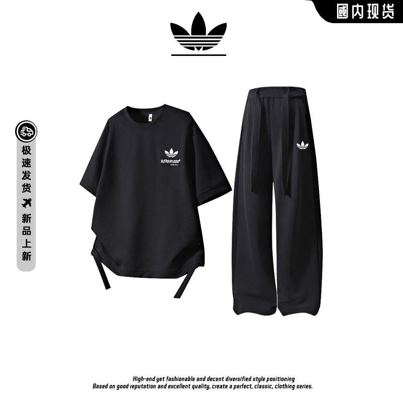 阿迪精选三叶草运动休闲情侣套装夏季高街宽松短袖上衣裤子两件套