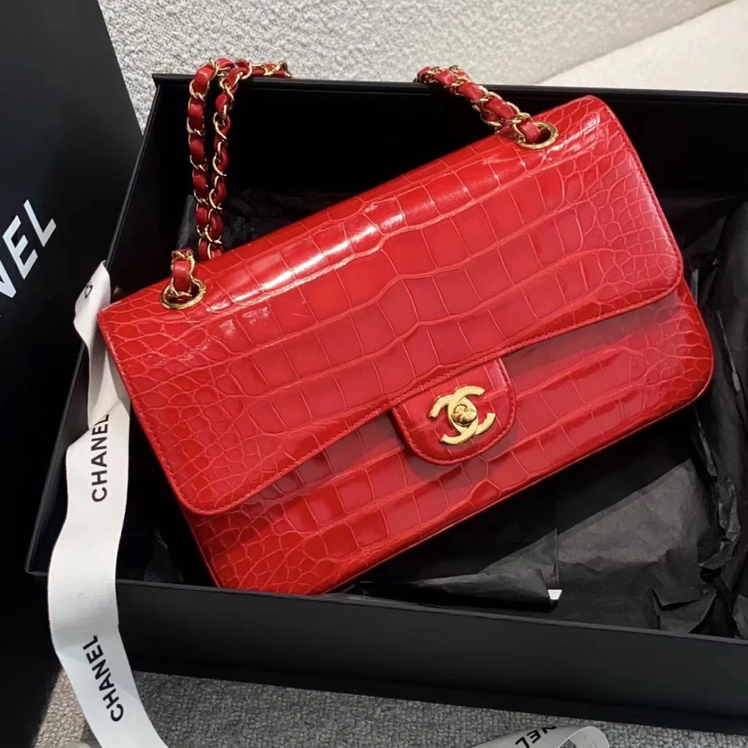95新 Chanel/香奈儿 法拉利红满稀有皮 小鳄子中号CF单肩包
