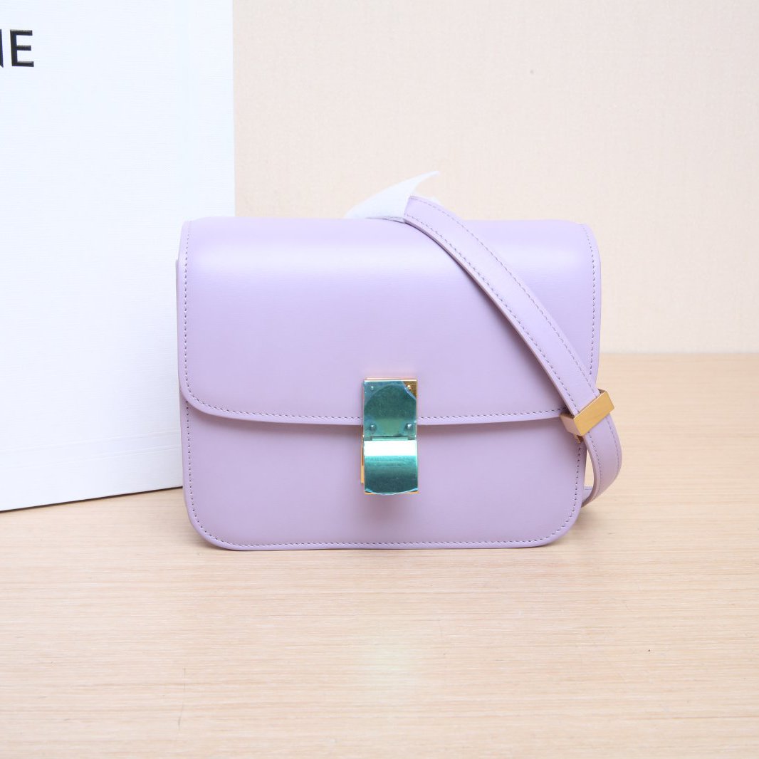 99新 Celine/思琳 小花黑黑Classic Box Teen 紫色 皮革C 包