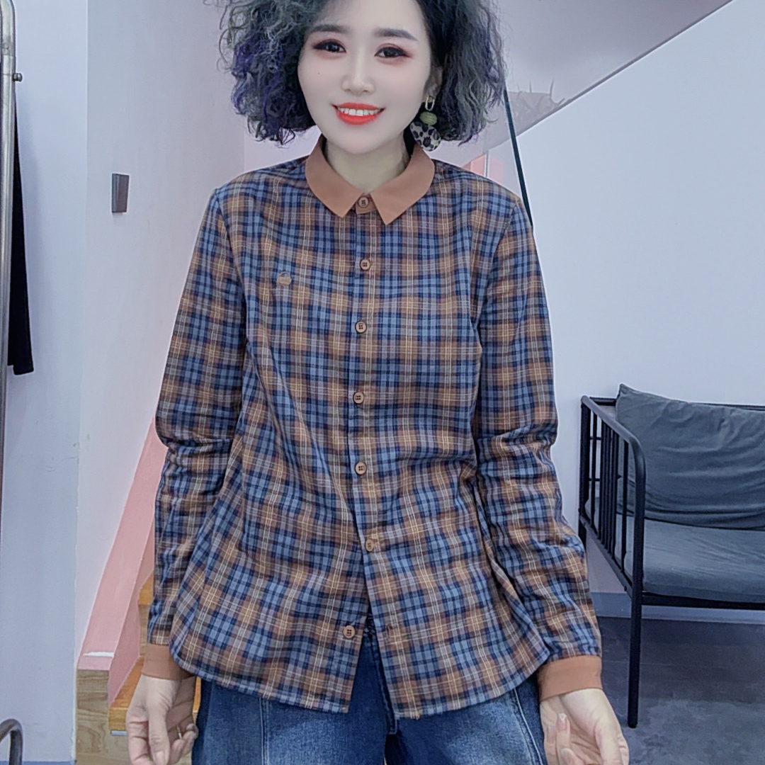 琦琦家 撞色复古休闲磨毛格子衬衫