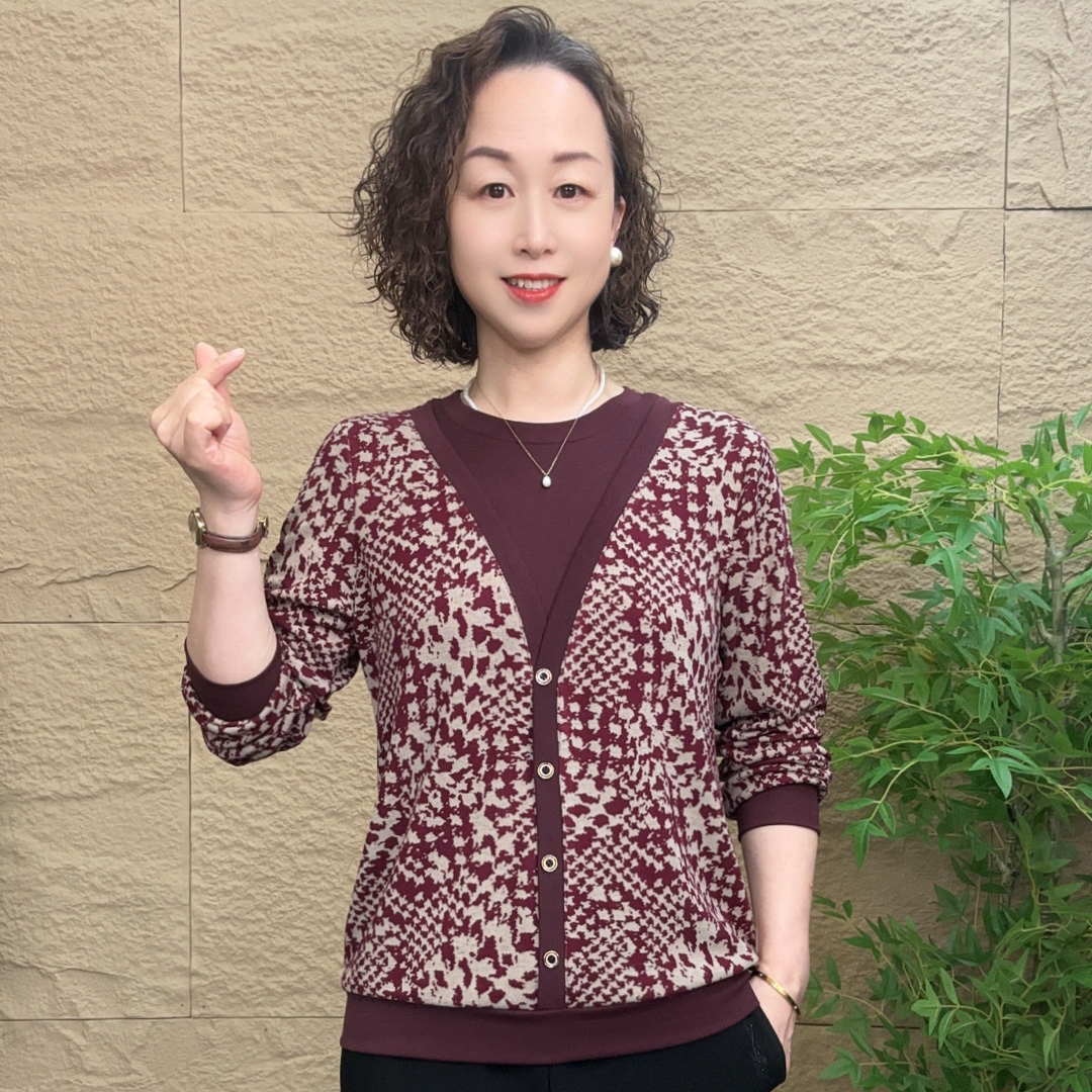 妈妈装秋季时尚宽松上衣碎花中老年女装洋气长袖假两件提花小衫女