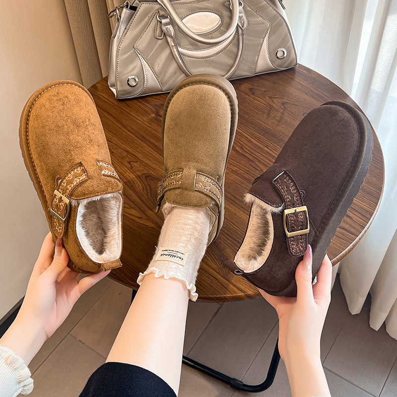 厚底加绒勃肯鞋女2025秋冬新款一脚蹬保暖豆豆鞋东北毛毛雪地棉鞋