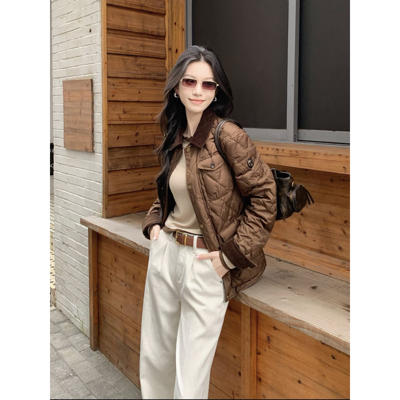 菱形格棉服棉衣女冬季宽松翻领老干部夹克外套男女同款