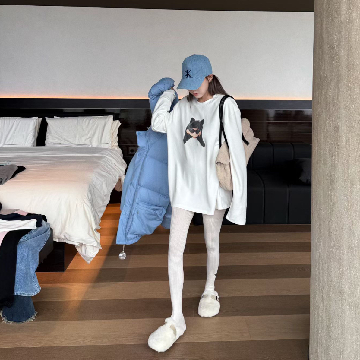 韩代购时尚定制长袖双面绒大版T恤