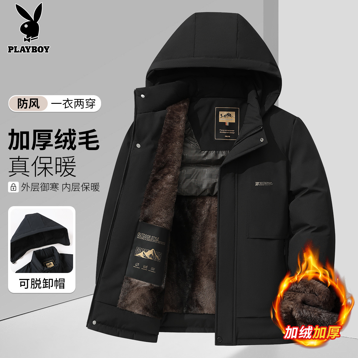 【帽子可脱卸】花花公子加绒加厚冬款外套御寒保暖防风棉服外套男