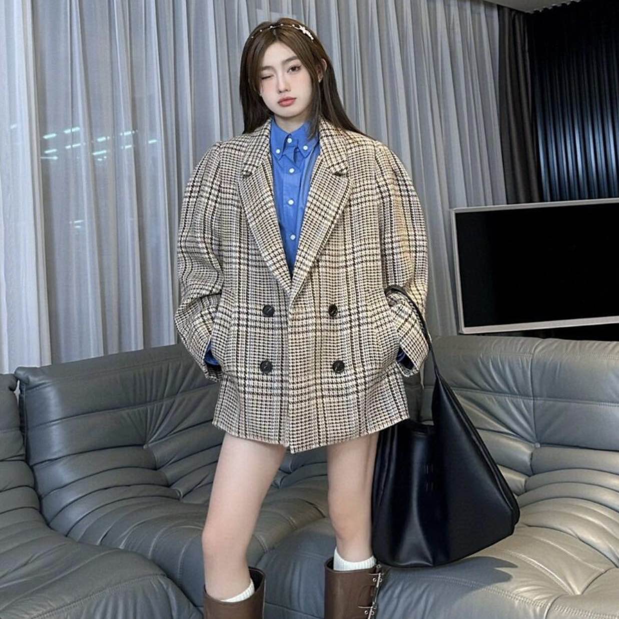 全新未使用 MIU MIU/缪缪 积分-288/汤/P205639123/棕色格纹外套