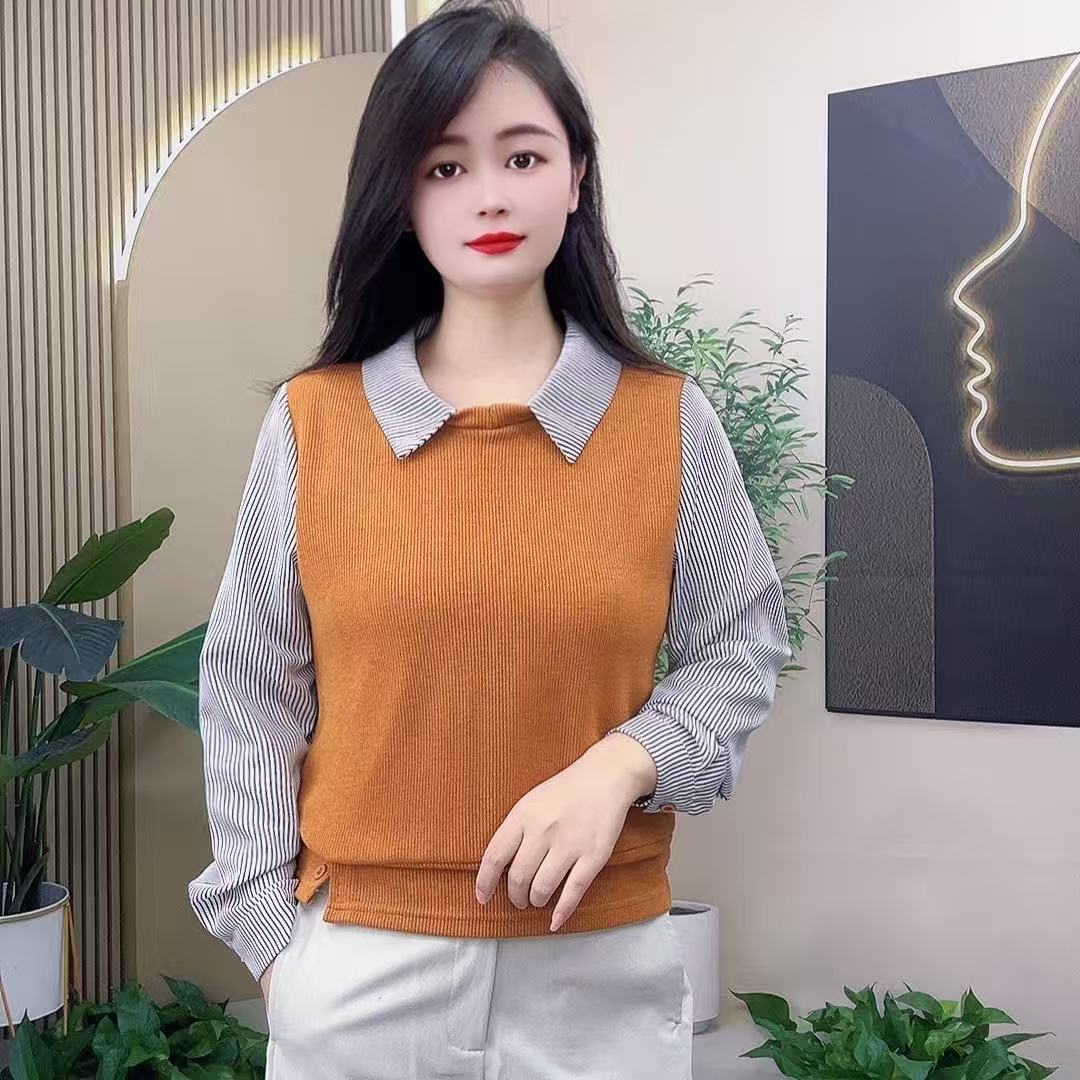  女装秋款爆款2025新款韩系翻领假两件女装套头衬衣洋气高贵上衣
