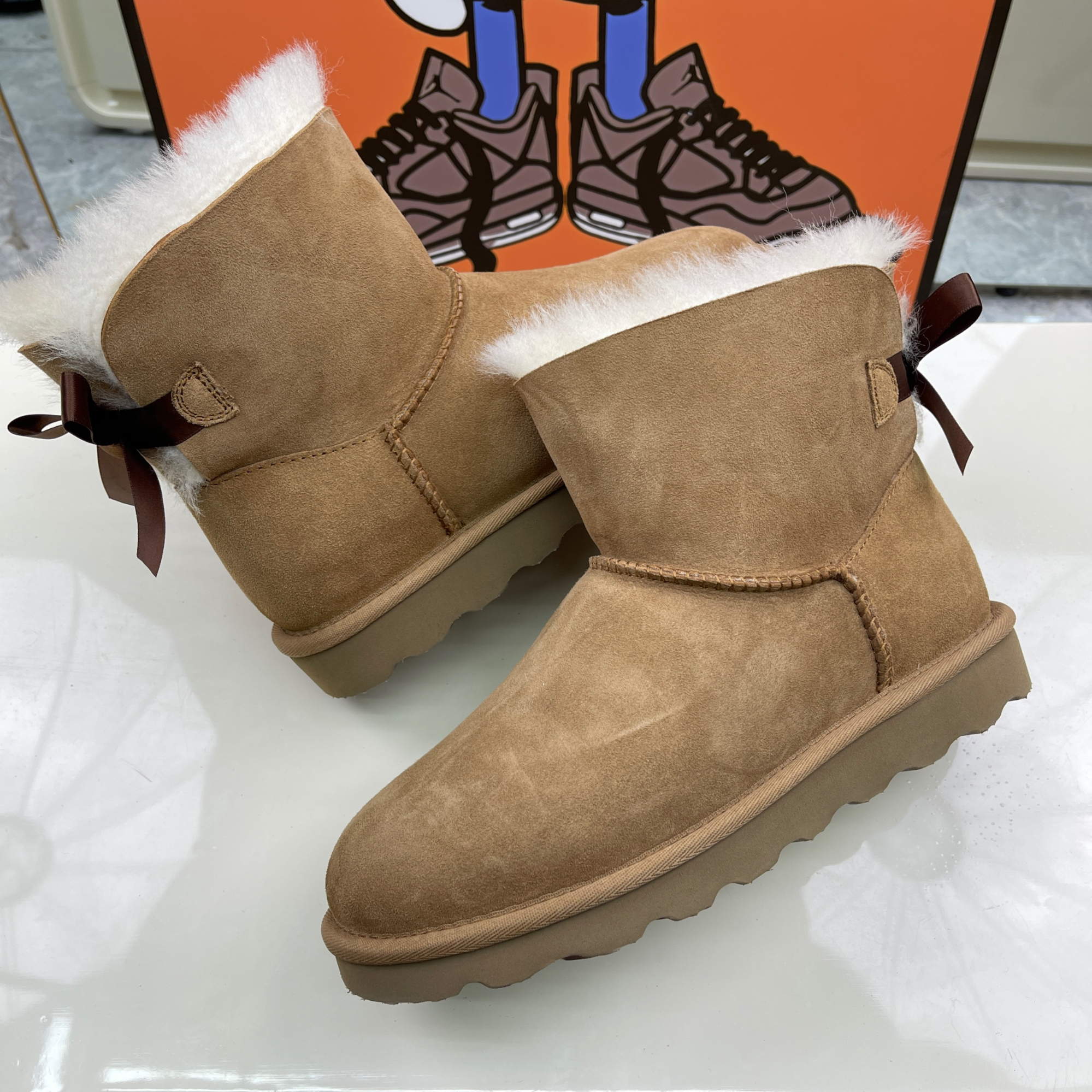 【单丝带】河南桑坡村正品羊皮毛一体雪地靴丝带加厚羊毛蝴蝶结棉鞋