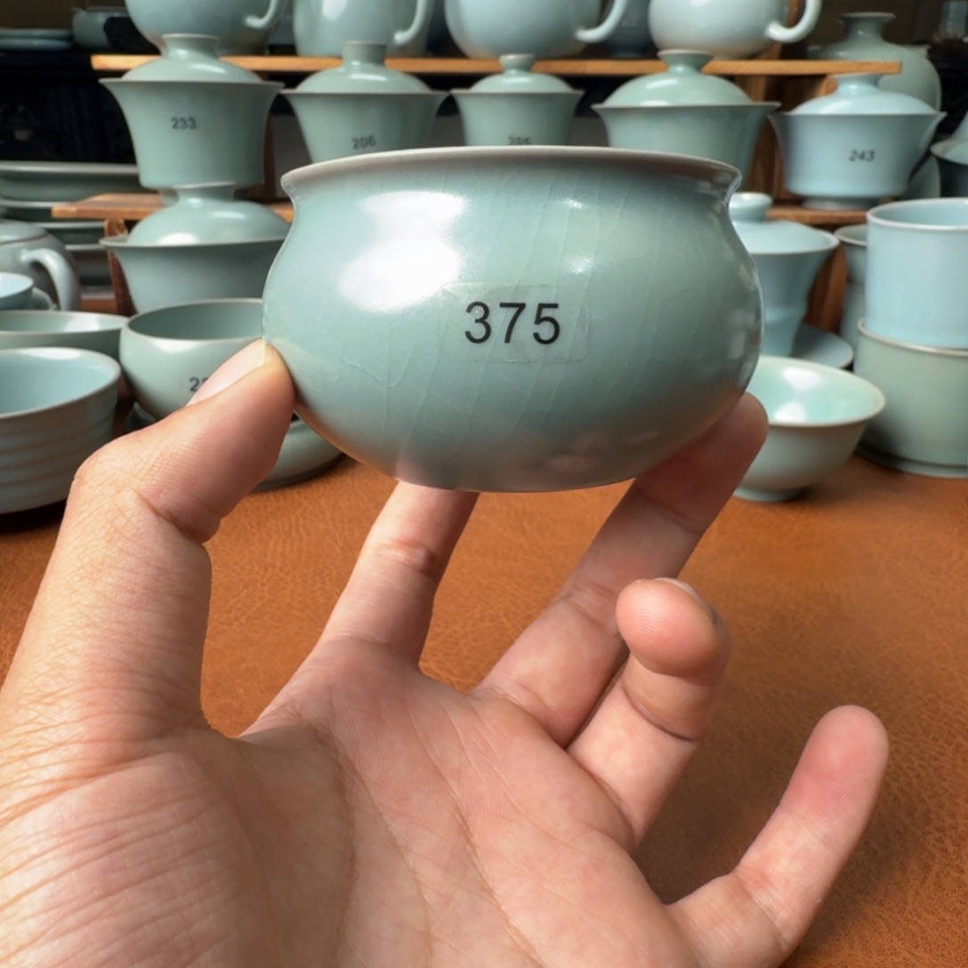 陶摆件375号仿古青绿风水缸杯150cc开片