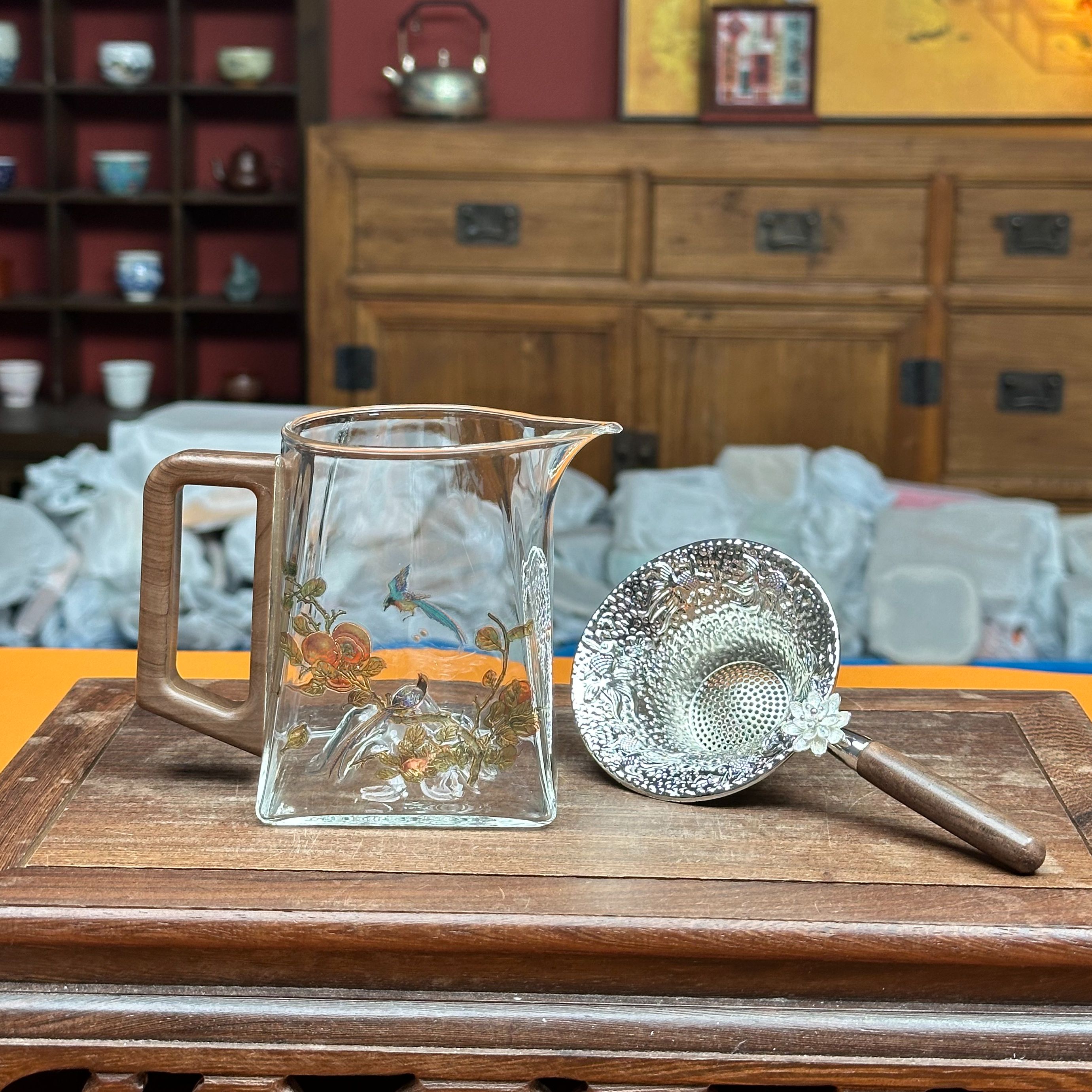 ZHTJ0054-喜上眉梢公道杯【包邮】+镀银茶漏AB