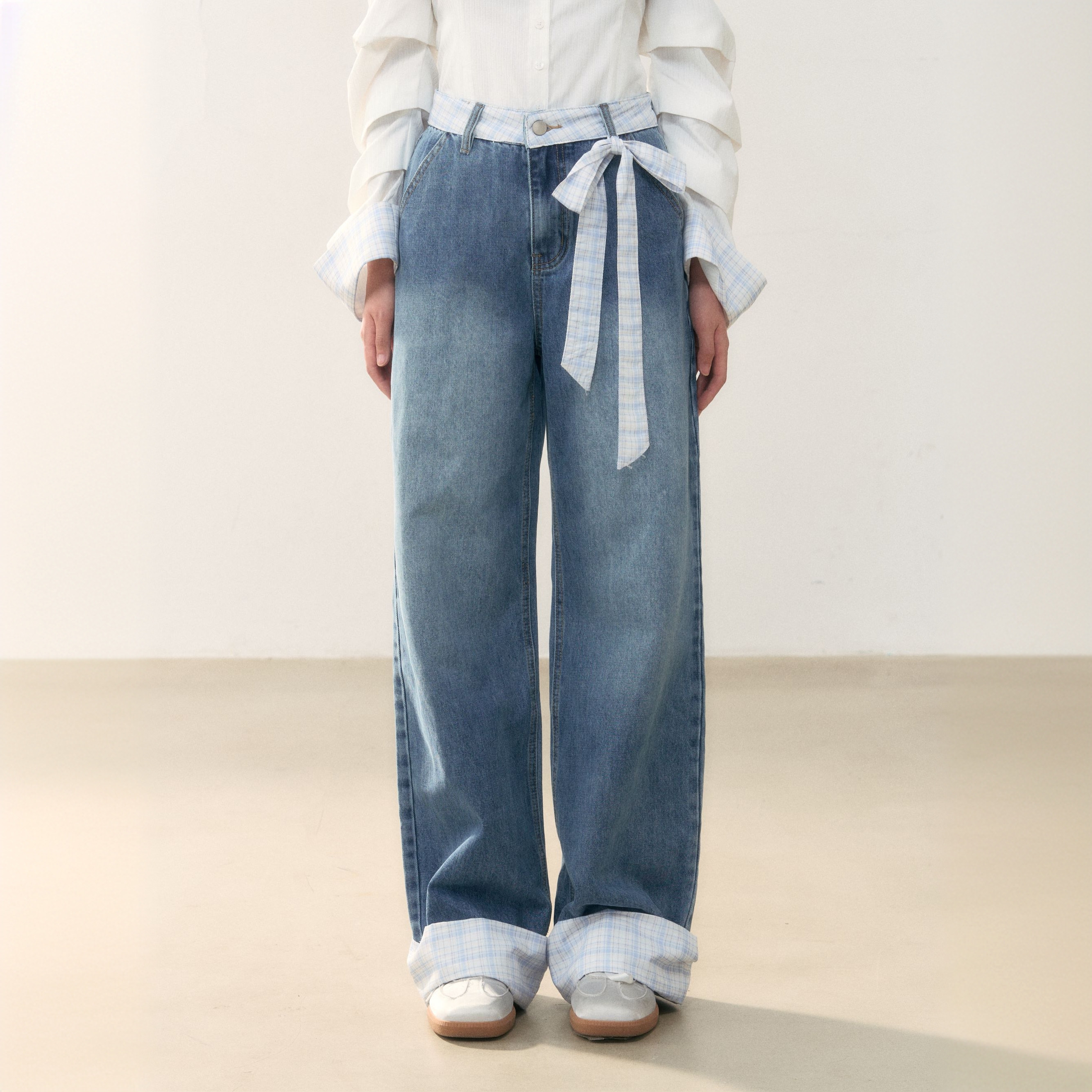 清umoumo乌蘑原创设计格子拼接蝴蝶结牛仔裤UMOKZ13204