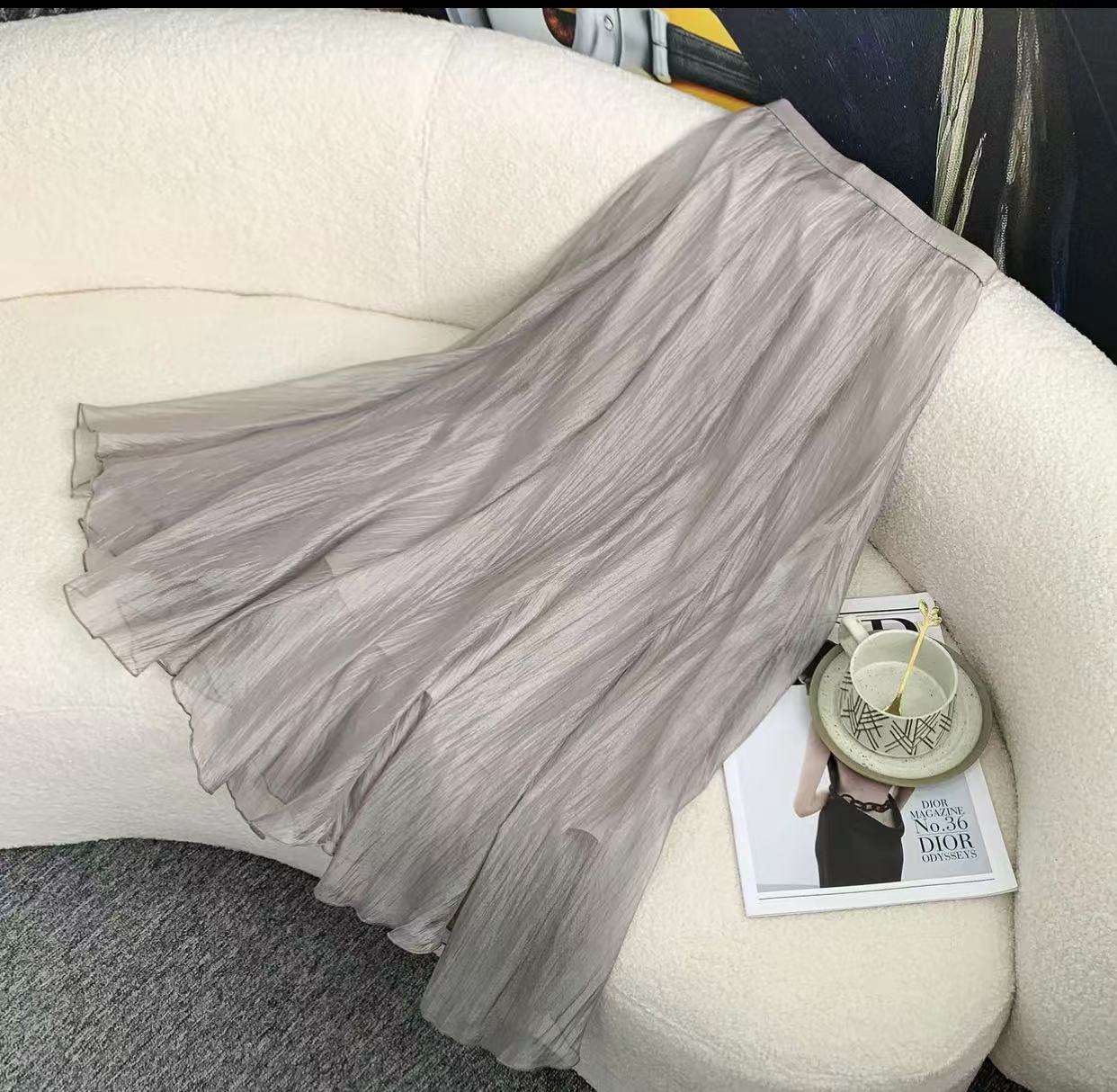 夏款不规则流光纱高腰大摆a字长款半身裙女0882# 裙长83