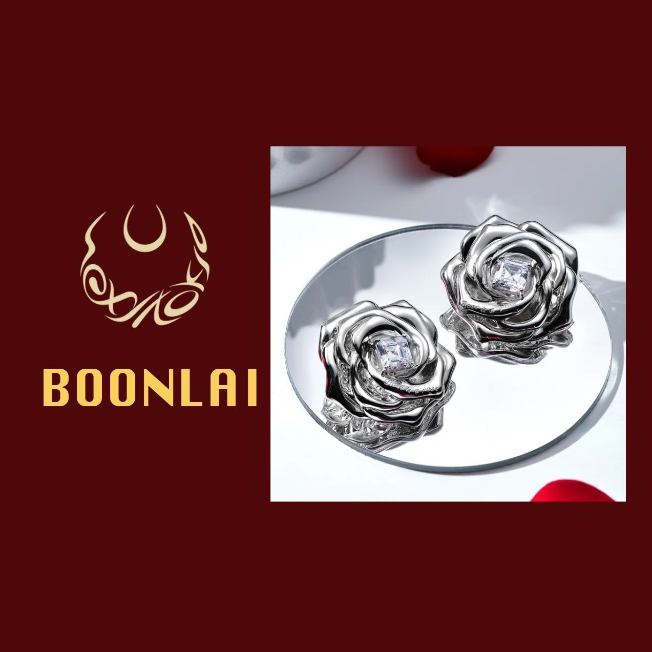 铜合金锆石耳饰 【美女专属】Boonlai  金属锆石镶钻玫瑰耳环1799