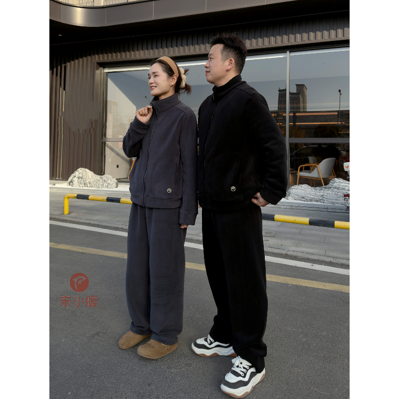 【S宋晓暖】秋冬新款立领纯色加厚拉链款海豚绒外穿直筒裤套装-9039