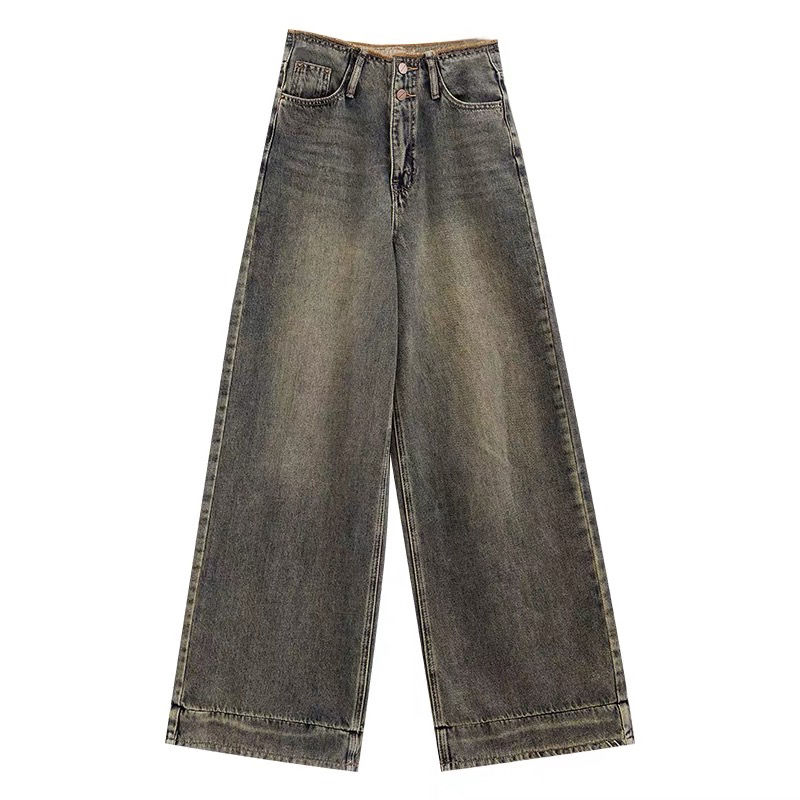 美式复古怀旧做旧黄泥阔腿牛仔裤女高腰宽松直筒梨形