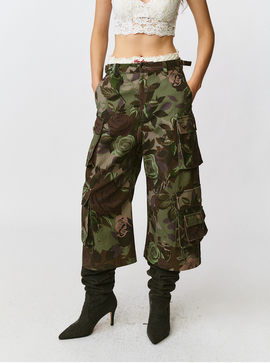 FORDARE 蕾丝腰头迷彩工装九分裤