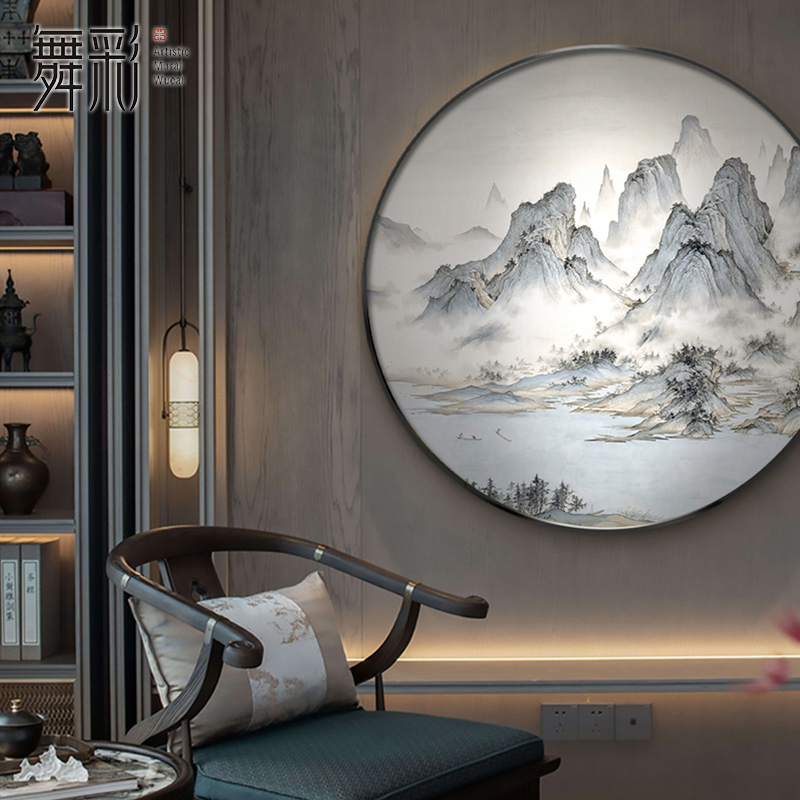 新中式入户玄关装饰画客厅走廊圆形意境山水挂画茶室餐厅禅意壁画