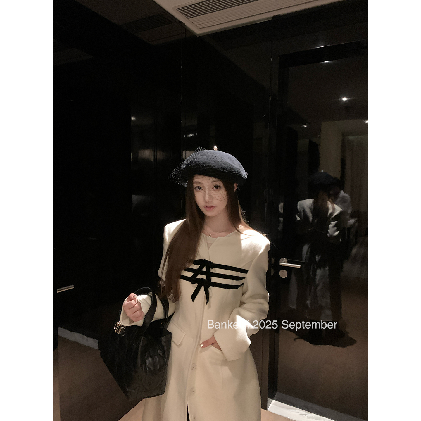 板栗可可Bankelili'古堡大衣'圆领可拆卸蝴蝶结收腰毛呢大衣女冬