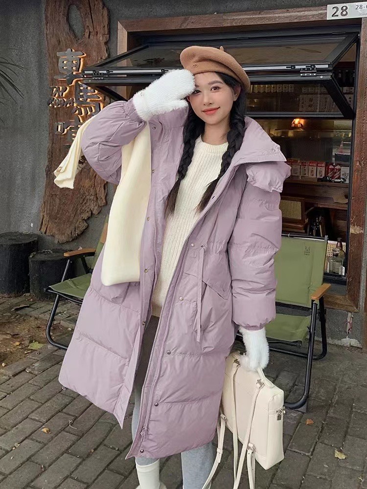女极简风落肩袖长款外套羽绒服鸭绒显瘦连帽时尚加厚外套