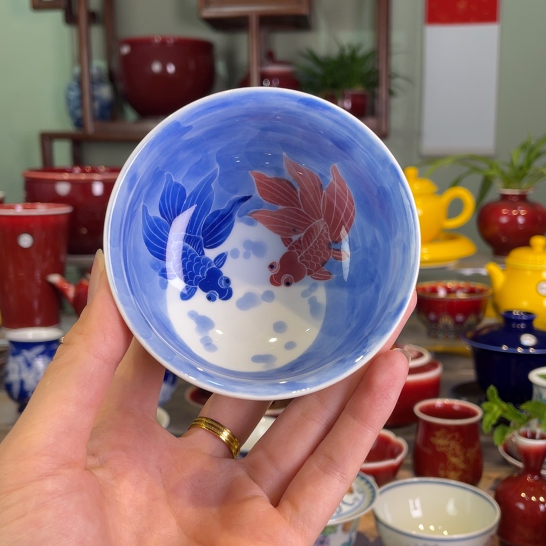 清欢雅玩，原矿郎红福利内绘金鱼炉士杯