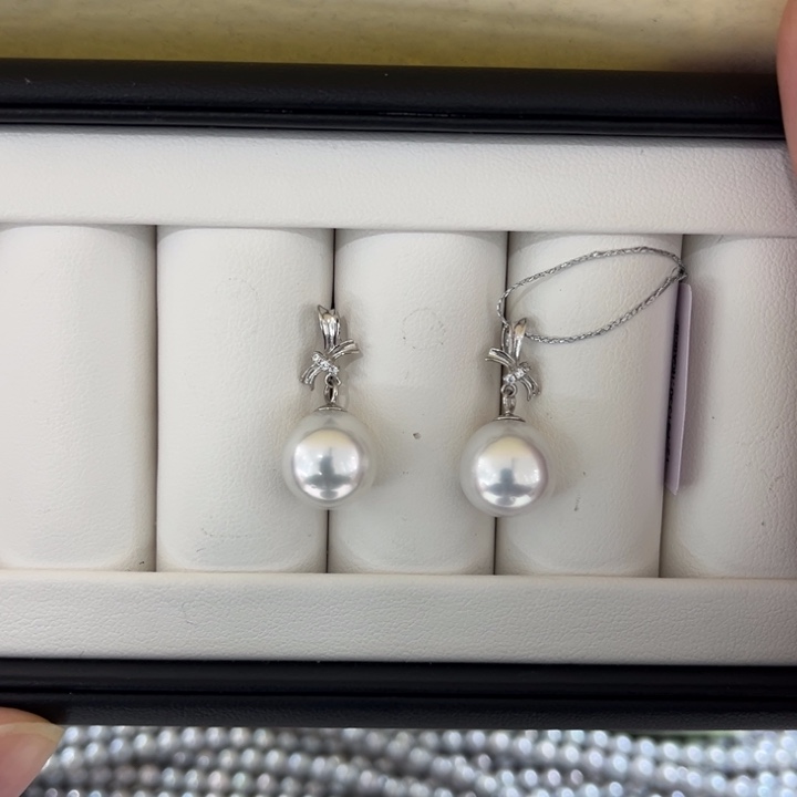 海水珍珠上新澳白蝴蝶结耳坠11-12mm银S925镶嵌