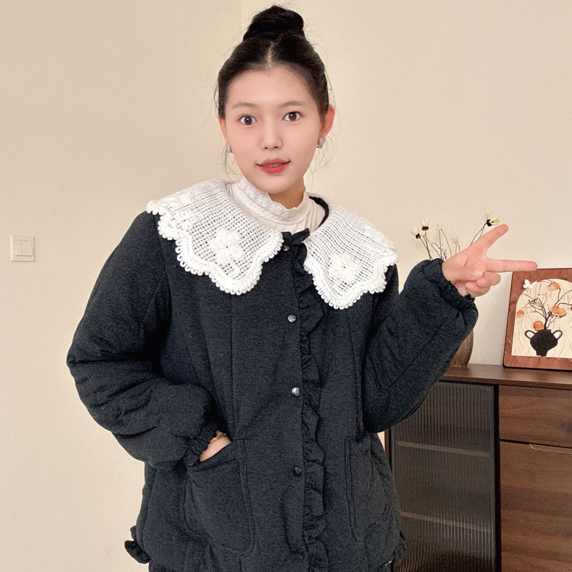 【麻灰】300g新疆棉毛线翻领花边短款宽松家居服女保暖棉衣棉服