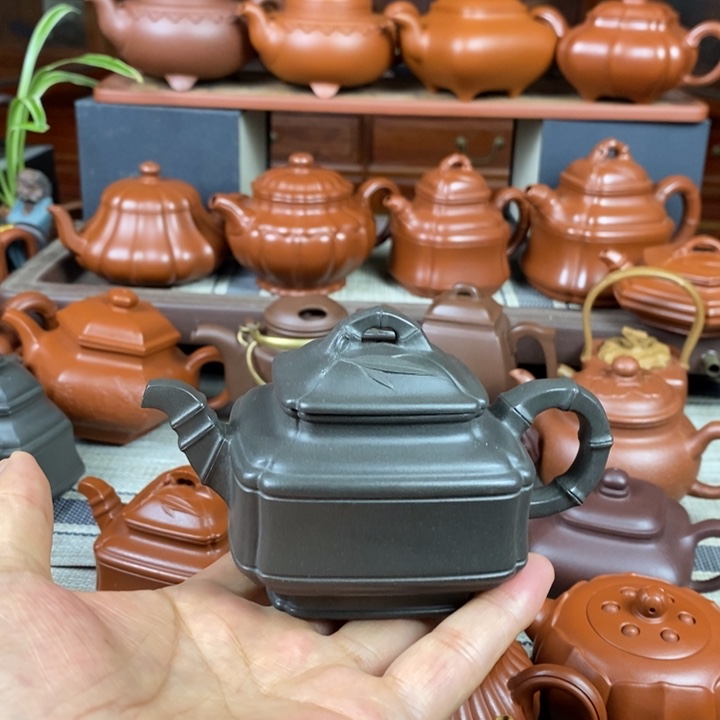 紫砂茶壶四方竹鼓200CC原矿古天青紫砂特价