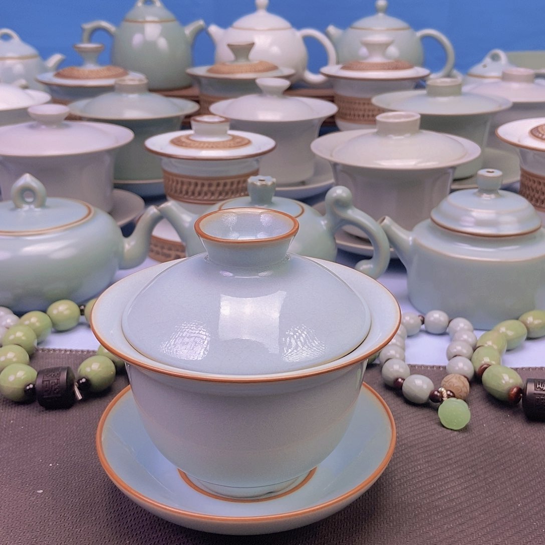 杯二级品天青元宝盖碗原矿原釉原产地