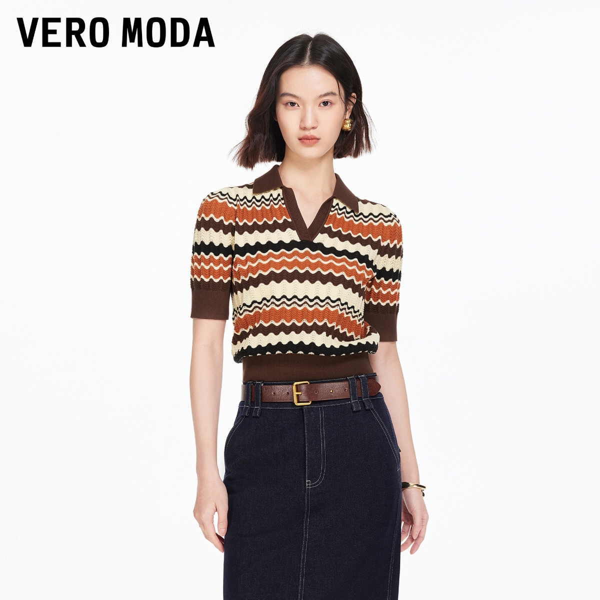 Vero Moda针织衫2026春季新款撞色条纹翻领复古时髦上衣时尚洋气