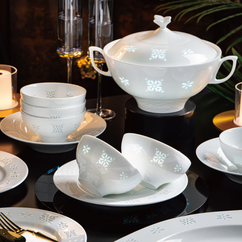 镇青色 景德镇高白瓷玲珑餐具套装 玲珑瓷米粒 高级乔迁新婚送礼
