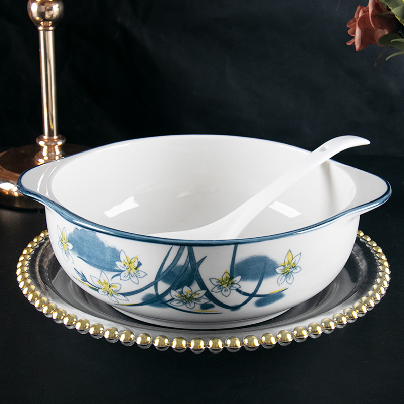 水仙花（带耳）10.5英寸双耳碗一个+汤勺一把
