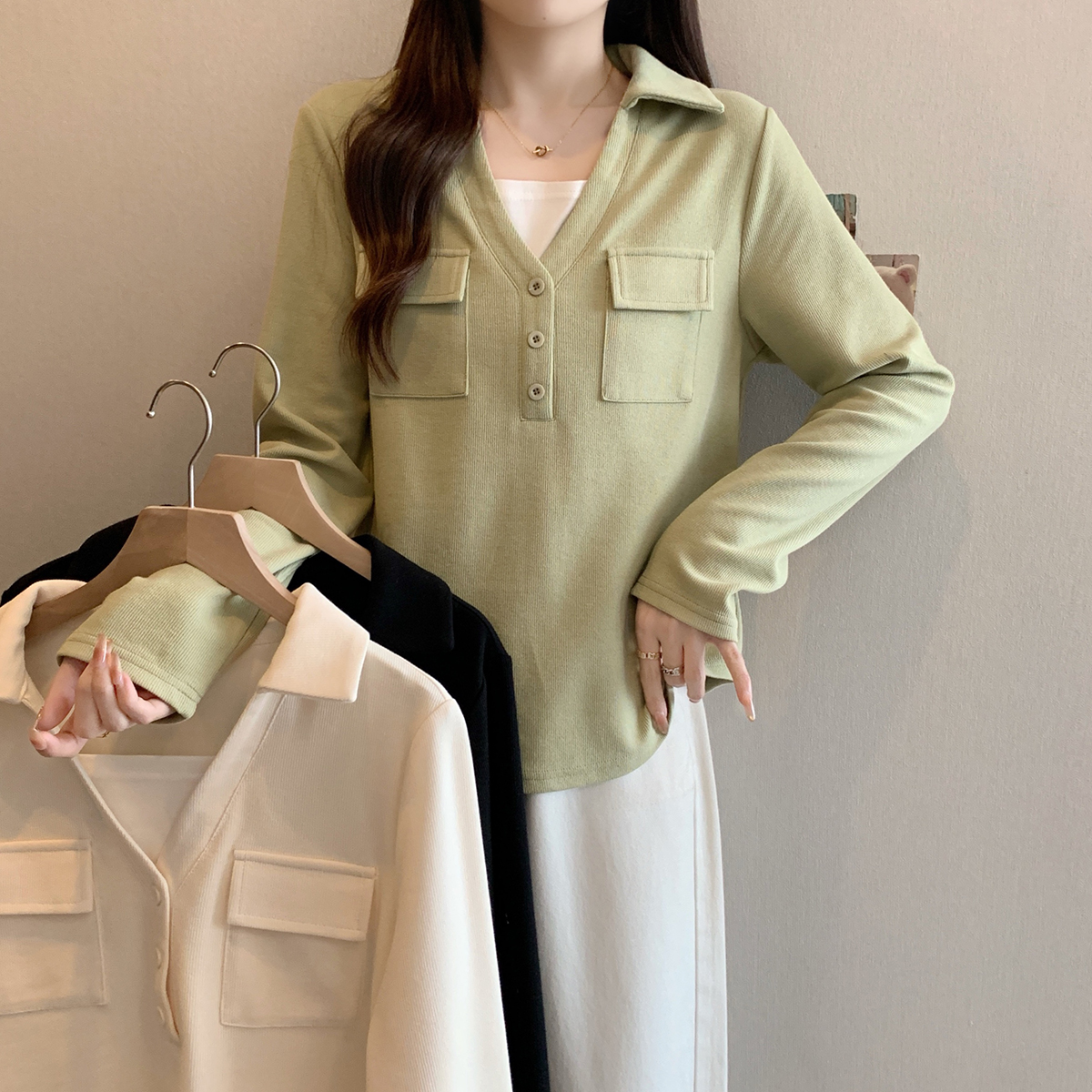 清大码美美哒2025春装假两件撞色长袖T恤正肩显瘦百搭上衣63983