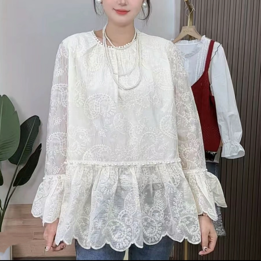 2025大码女装胖妹妹法式小香风气质蕾丝衫显瘦遮肉潮重工钉珠上衣