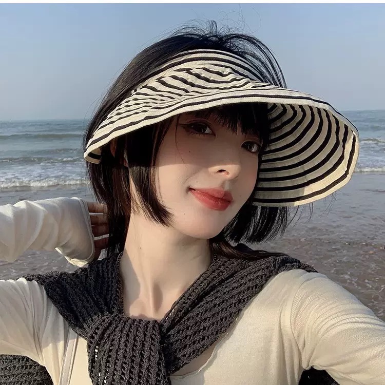 大檐帽子女夏时尚百搭无顶遮阳帽夏季黑白条纹防晒可折叠空顶帽