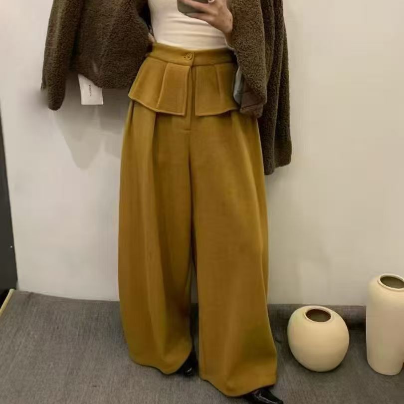 冬季正品韩国超好看羊毛呢加厚保暖百褶假两件高腰显瘦阔腿裤子女