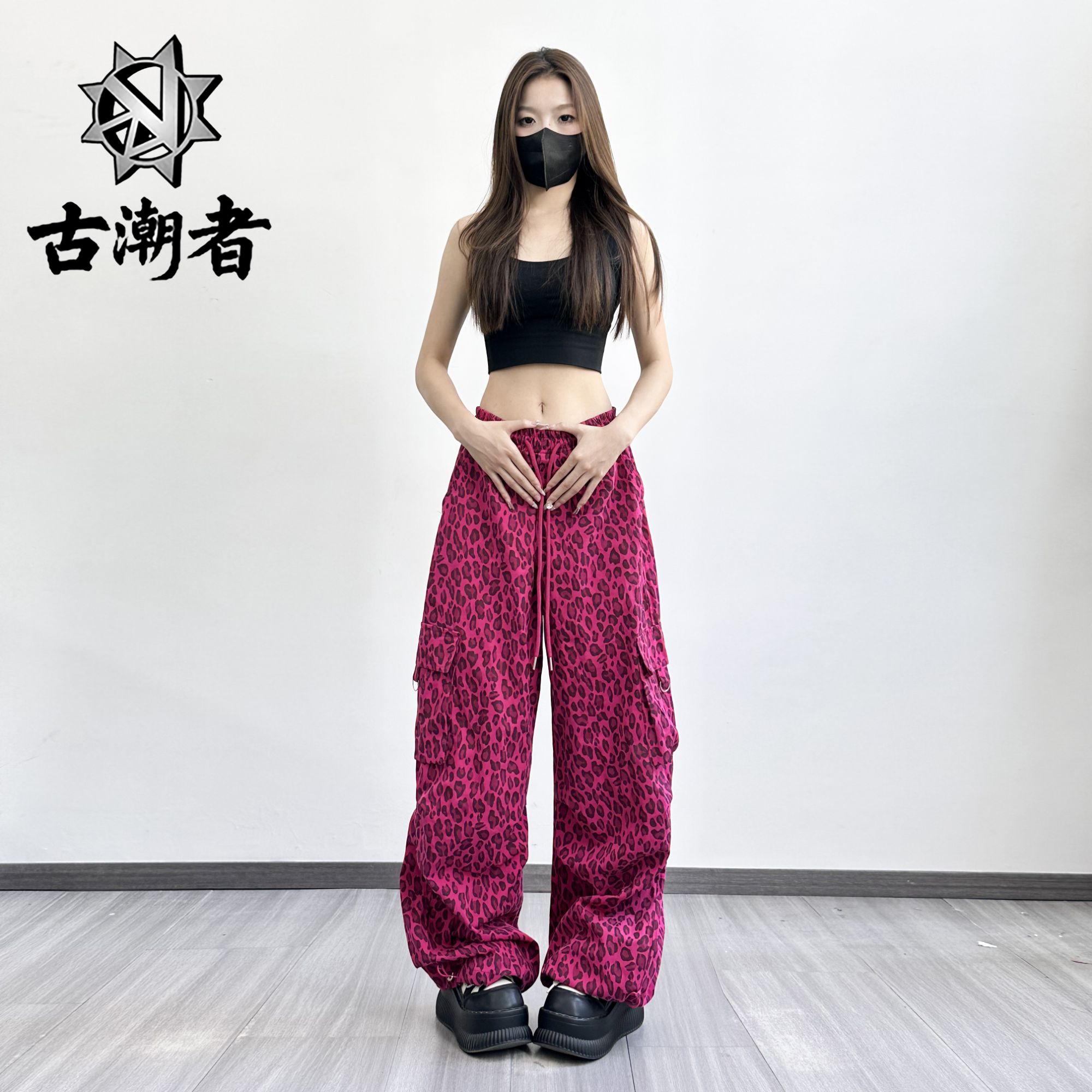 十三姨2025夏款新款专柜女豹纹工装休闲裤高腰美式宽松直筒阔腿裤