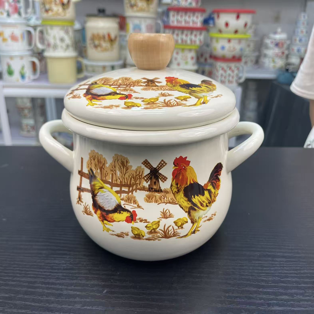 18厘米特厚珐琅搪瓷双耳奶锅炖锅小汤锅大公鸡盛夏花色炖盅新款