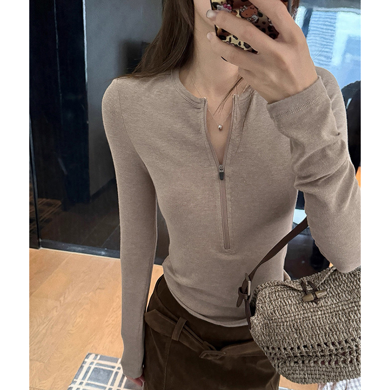 翰代维半拉链修身长袖打底衫女秋冬加绒保暖韩系显瘦百搭T恤上衣