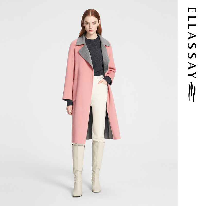 ELLASSAY/歌力思秋冬新款绵羊毛灰粉撞色配系带大衣EWE354D07200