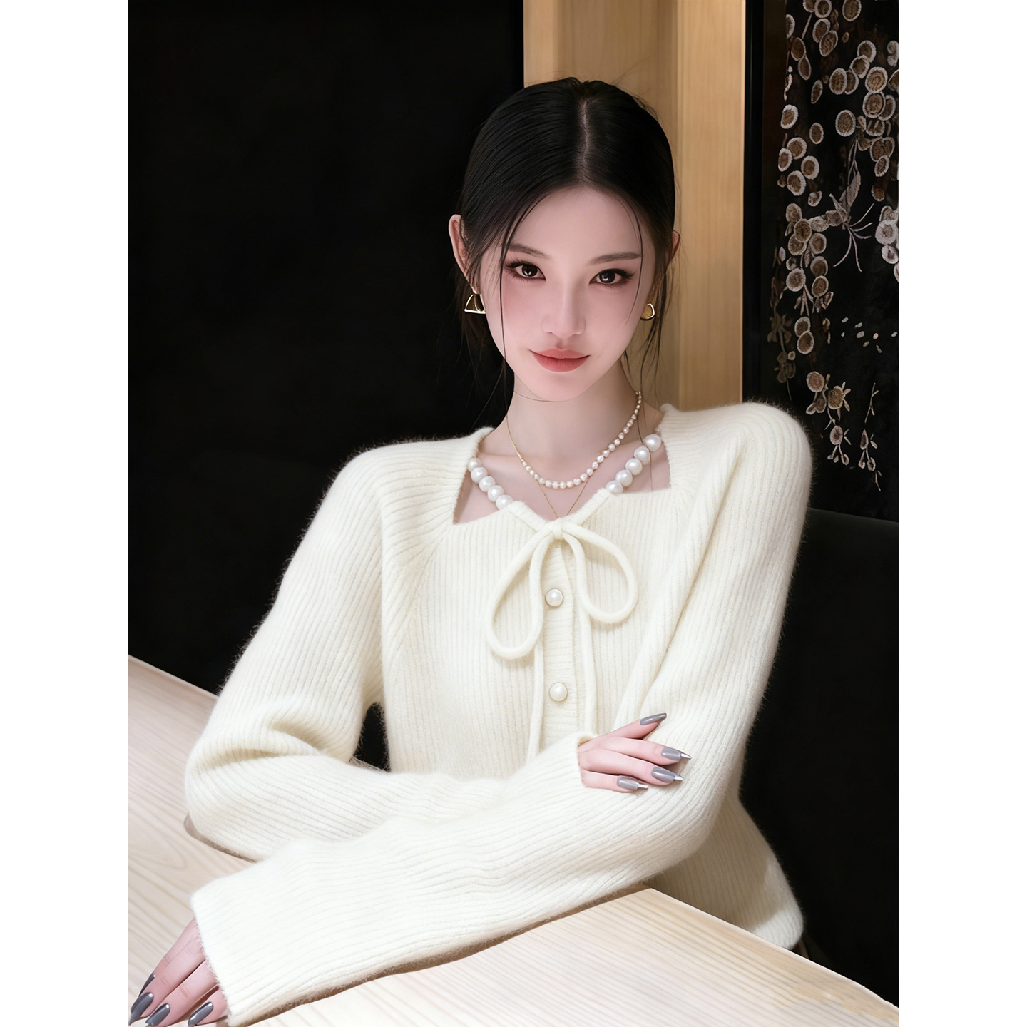 白色挂脖珍珠重工系带针织开衫外套毛衣可外穿内搭女秋冬穿搭上衣