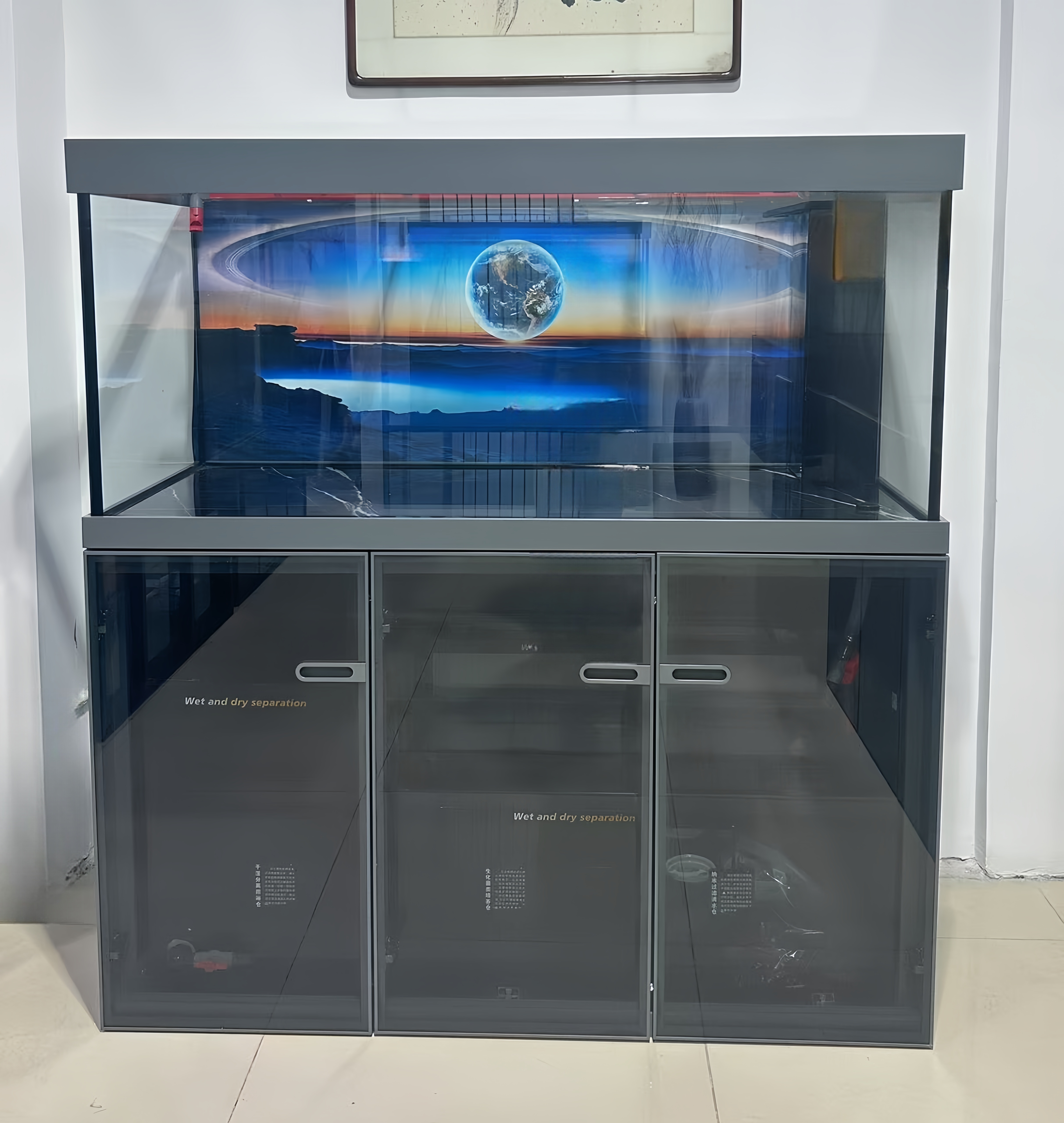 鱼妃妃C 款极简玻璃门轻奢工业风龙鱼缸干湿分离盒落地水族箱