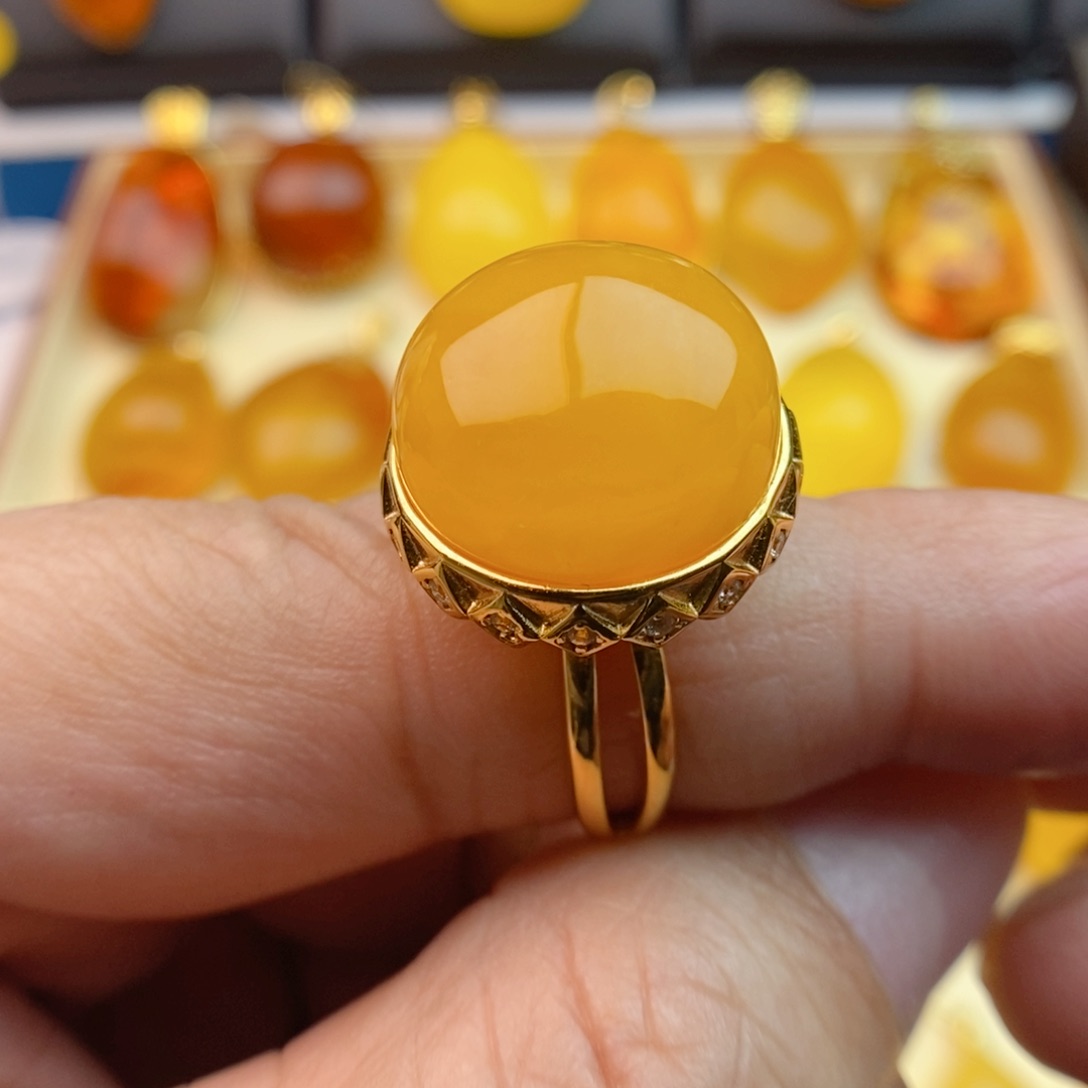 琥珀戒指银S925镀金镶嵌
