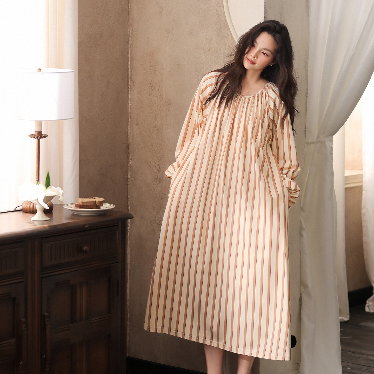 秋天纯棉长袖睡裙女款春秋季大码家居服韩版甜美仙气甜美睡衣裙子