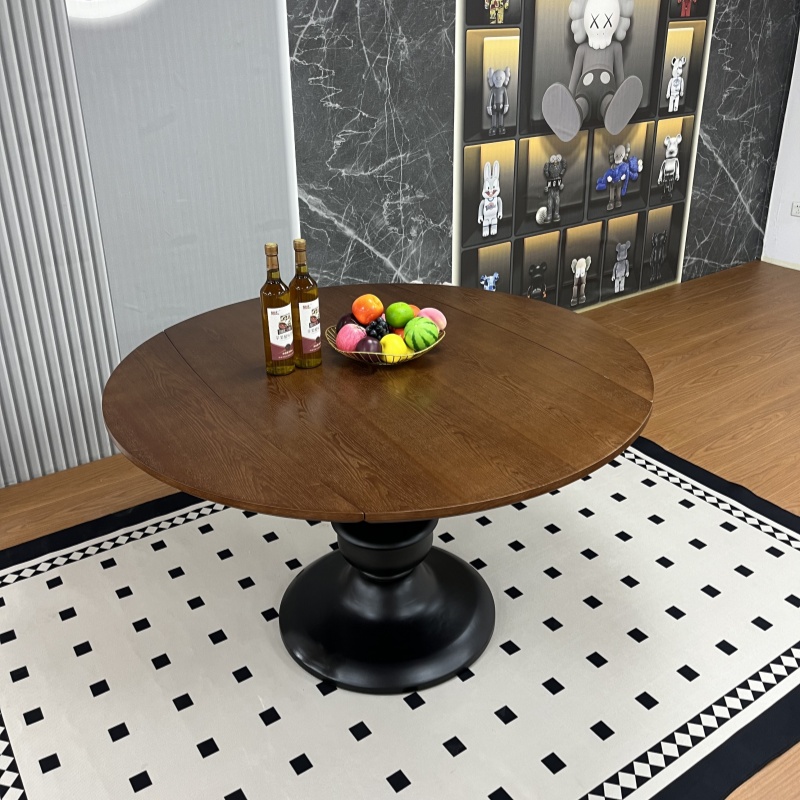 中古风岩板圆桌2025新款实木圆餐桌家用小户型圆桌法式复古圆桌