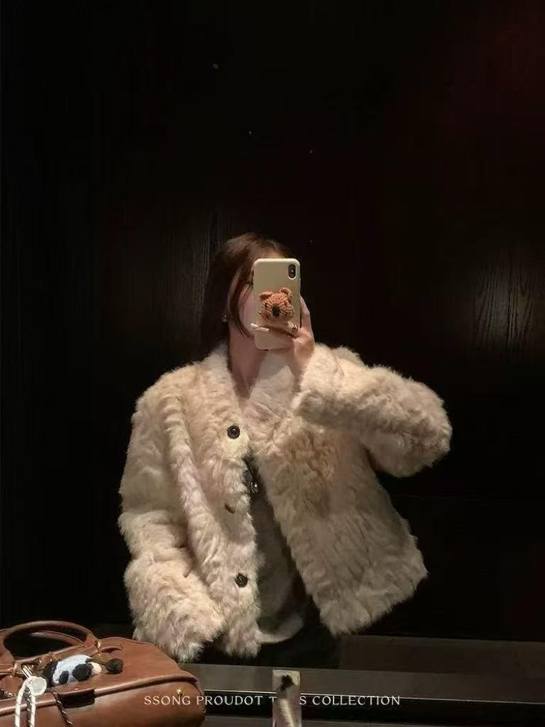 2025新款秋冬皮毛一体小立领保暖名媛毛毛外套女环保仿皮草上衣