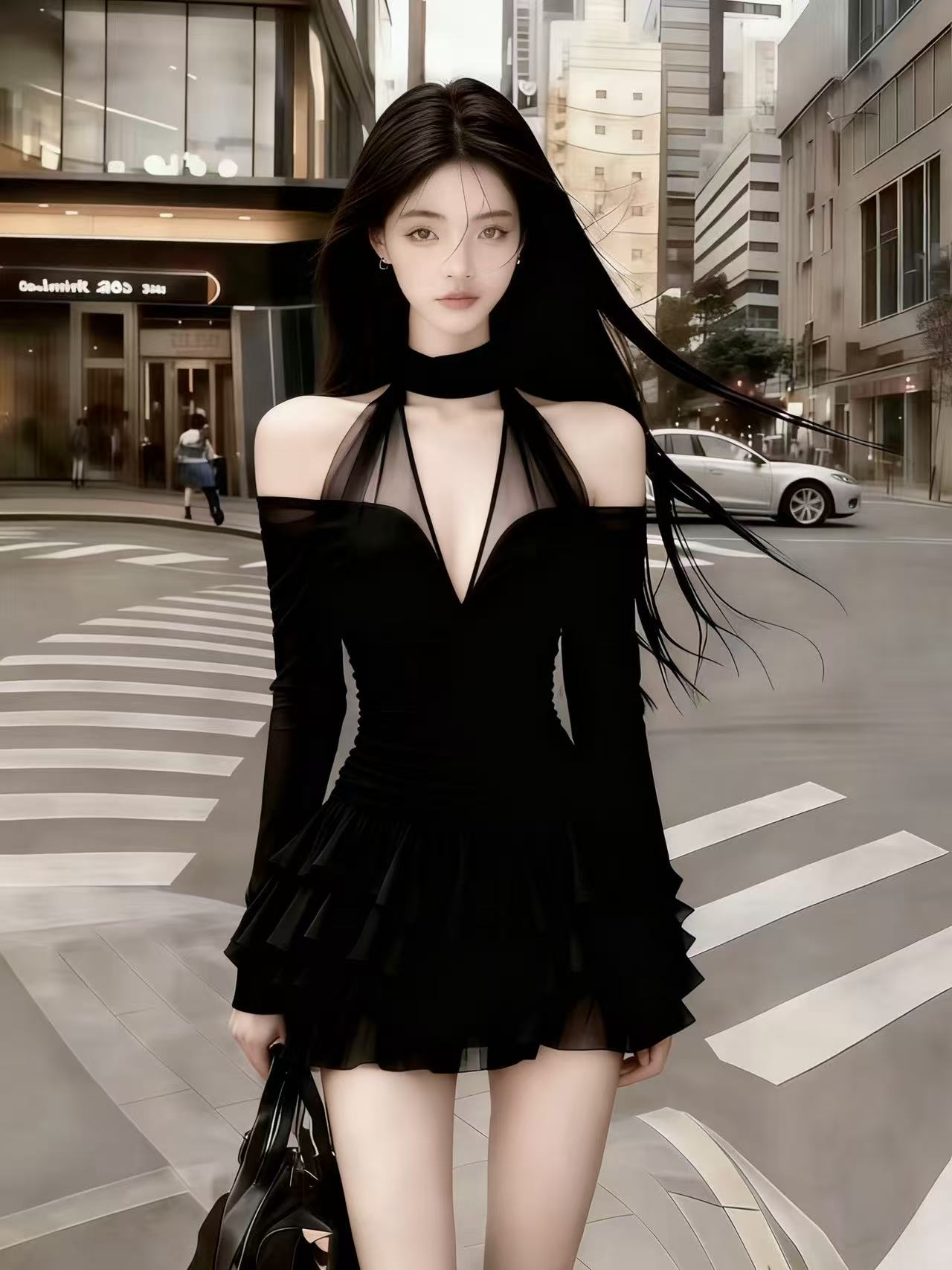 秋冬显瘦轻奢千金风纯欲气质黑色露肩V领长袖挂脖中腰短款连衣裙