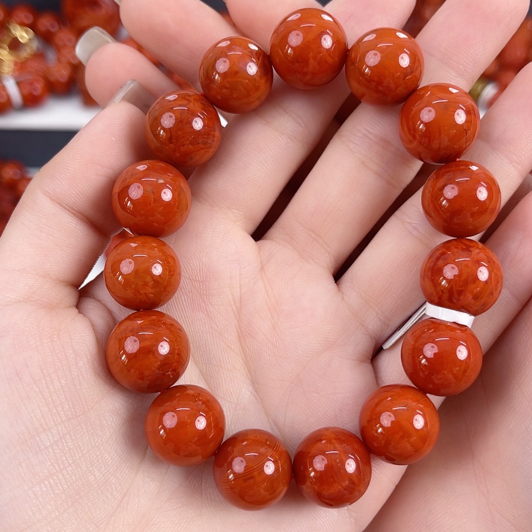 南红玛瑙未镶嵌瓦西柿子红火焰14mm手串