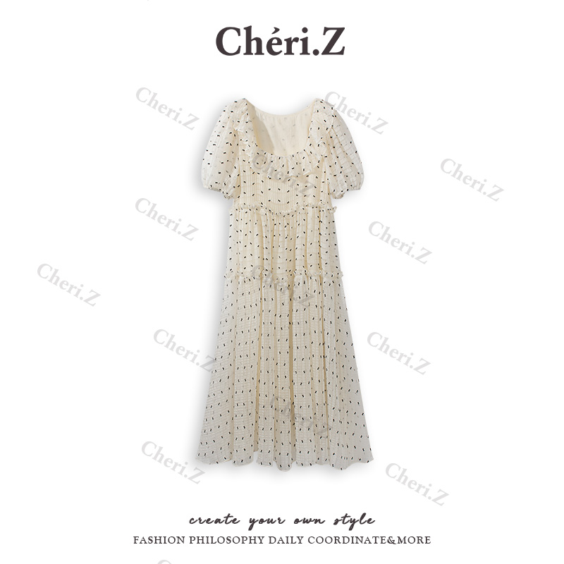 CHERI.Z甜美泡泡袖复古连衣裙夏季白色碎花波点长裙C23B18001W