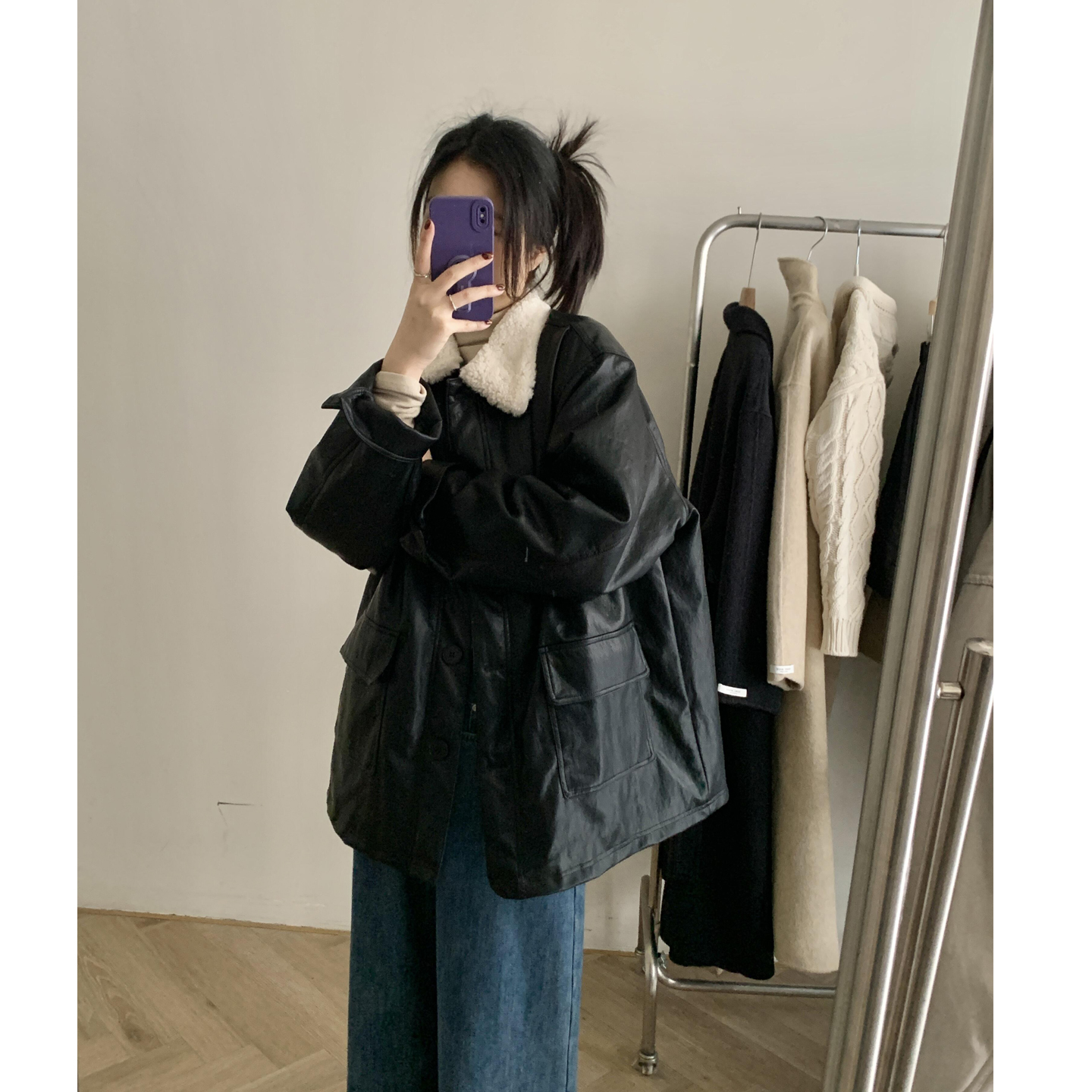 【300斤胖妹妹】2025秋冬翻领爆款酷飒风黑色小个子加厚夹棉皮夹克