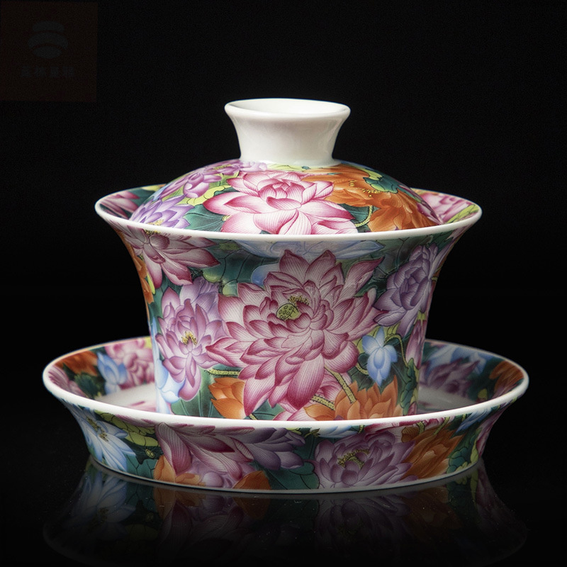 珐琅彩荷花盖碗单个泡茶万花主人杯家用陶瓷三才多用盖碗功夫茶杯